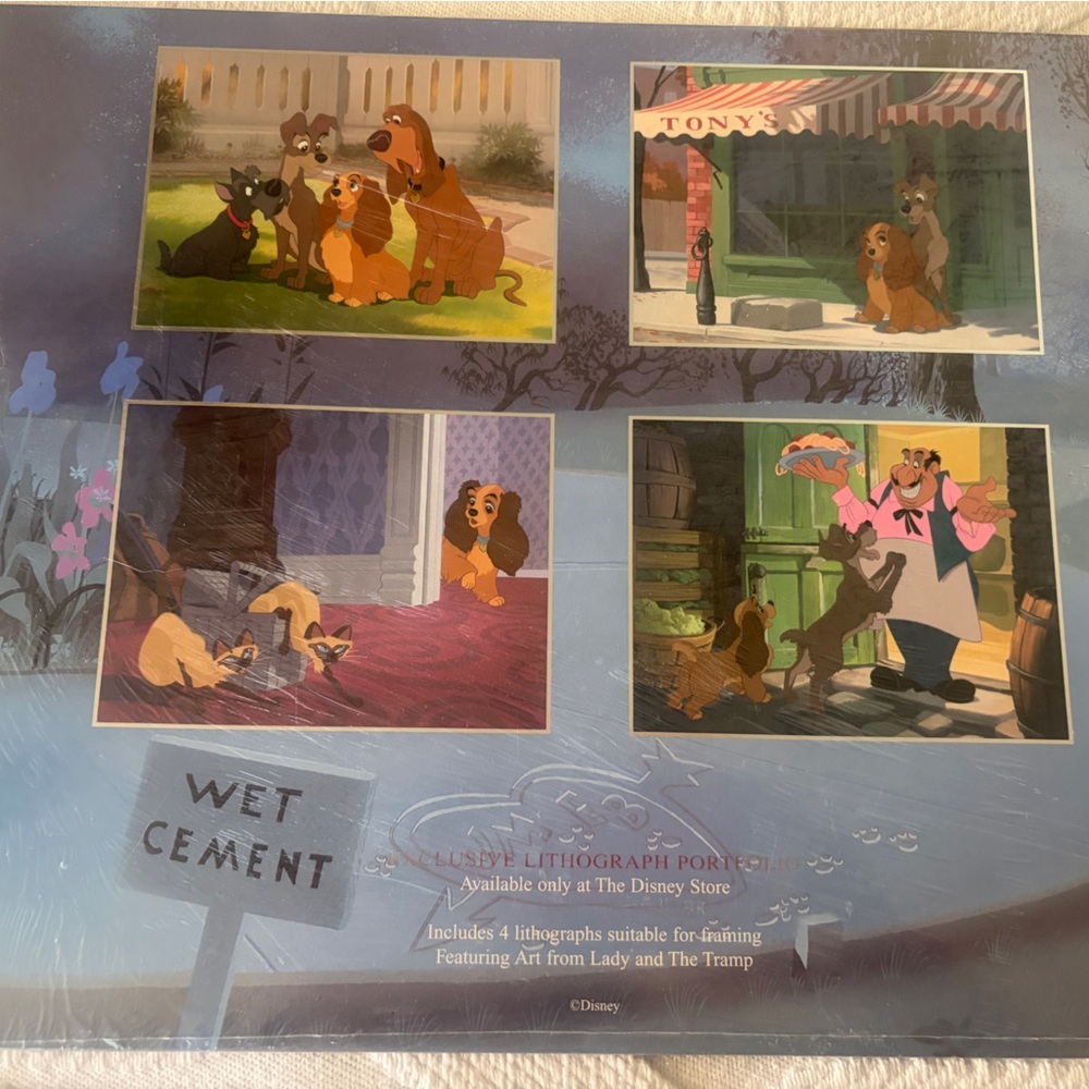New and sealed Disney lithographs. 4 scenes from Lady and the Tramp. Beautiful!